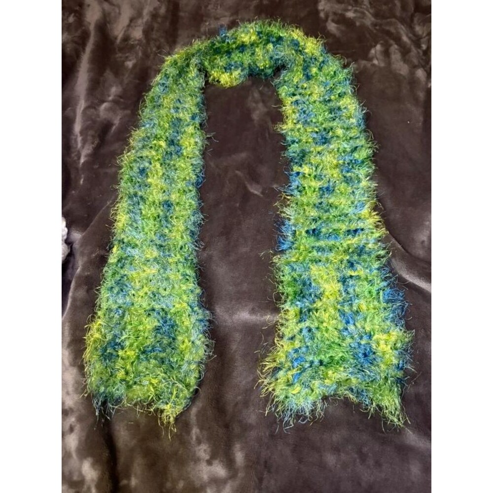 Handmade Fuzzy Crochet Scarf Lime Green Blue Y2K Fairy Grunge Dopamine Eyelash